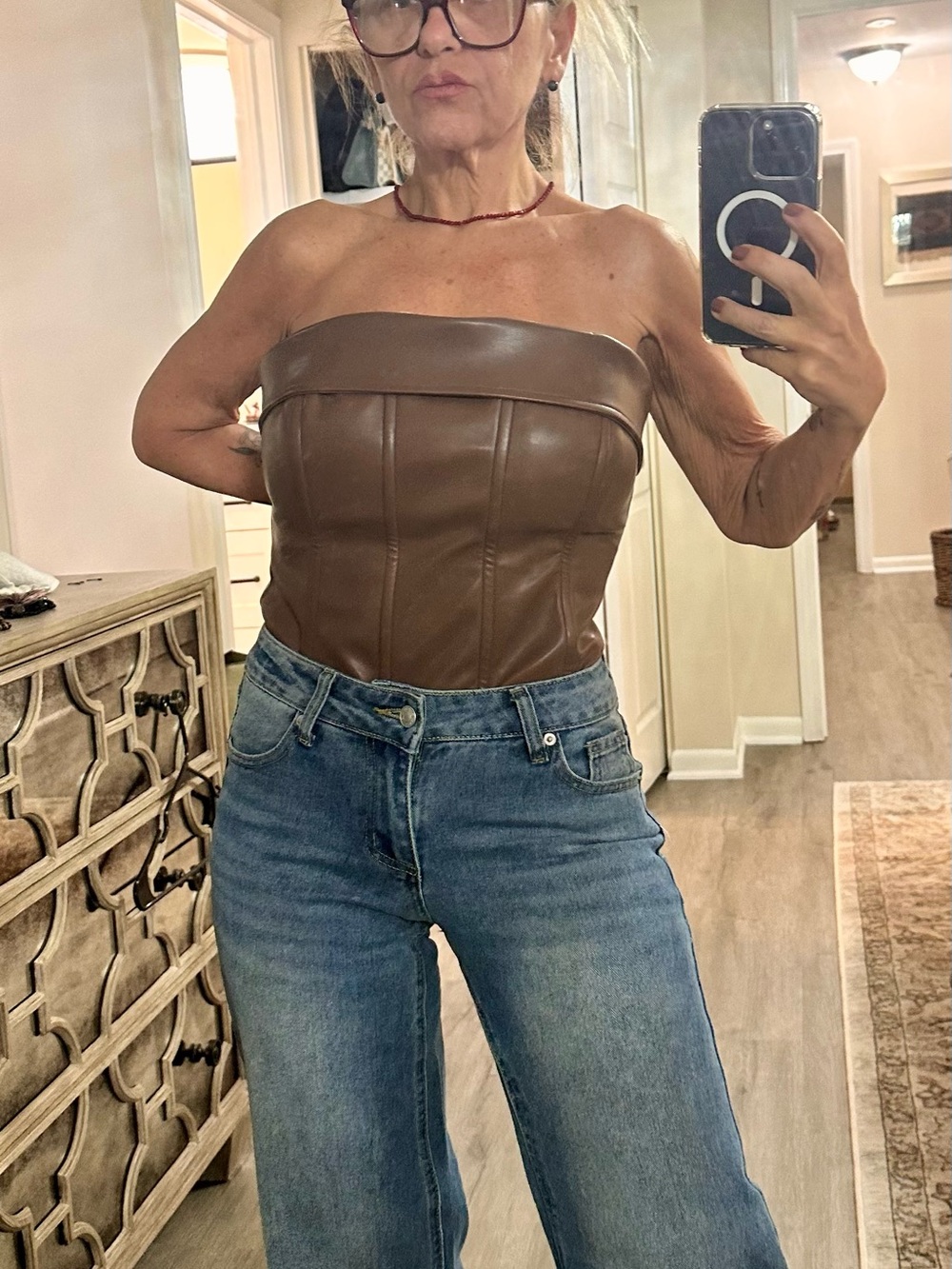 Strapless Faux Leather Corset Crop Top - Brown